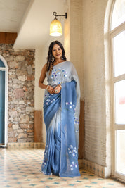 Melodic Strokes (Shaded Blue Handpainted Viscose Organza Saree)