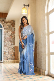 Melodic Strokes (Shaded Blue Handpainted Viscose Organza Saree)