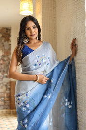 Melodic Strokes (Shaded Blue Handpainted Viscose Organza Saree)