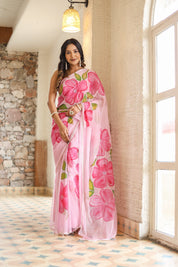 Petal Glow (Handpainted Pink Chiffon Saree)