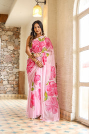 Petal Glow (Handpainted Pink Chiffon Saree)