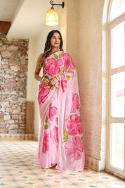 Petal Glow (Handpainted Pink Chiffon Saree)