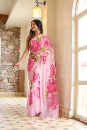 Petal Glow (Handpainted Pink Chiffon Saree)