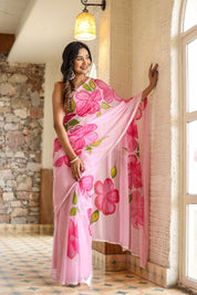 Petal Glow (Handpainted Pink Chiffon Saree)