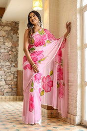 Petal Glow (Handpainted Pink Chiffon Saree)