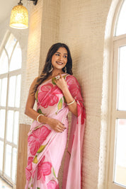 Petal Glow (Handpainted Pink Chiffon Saree)