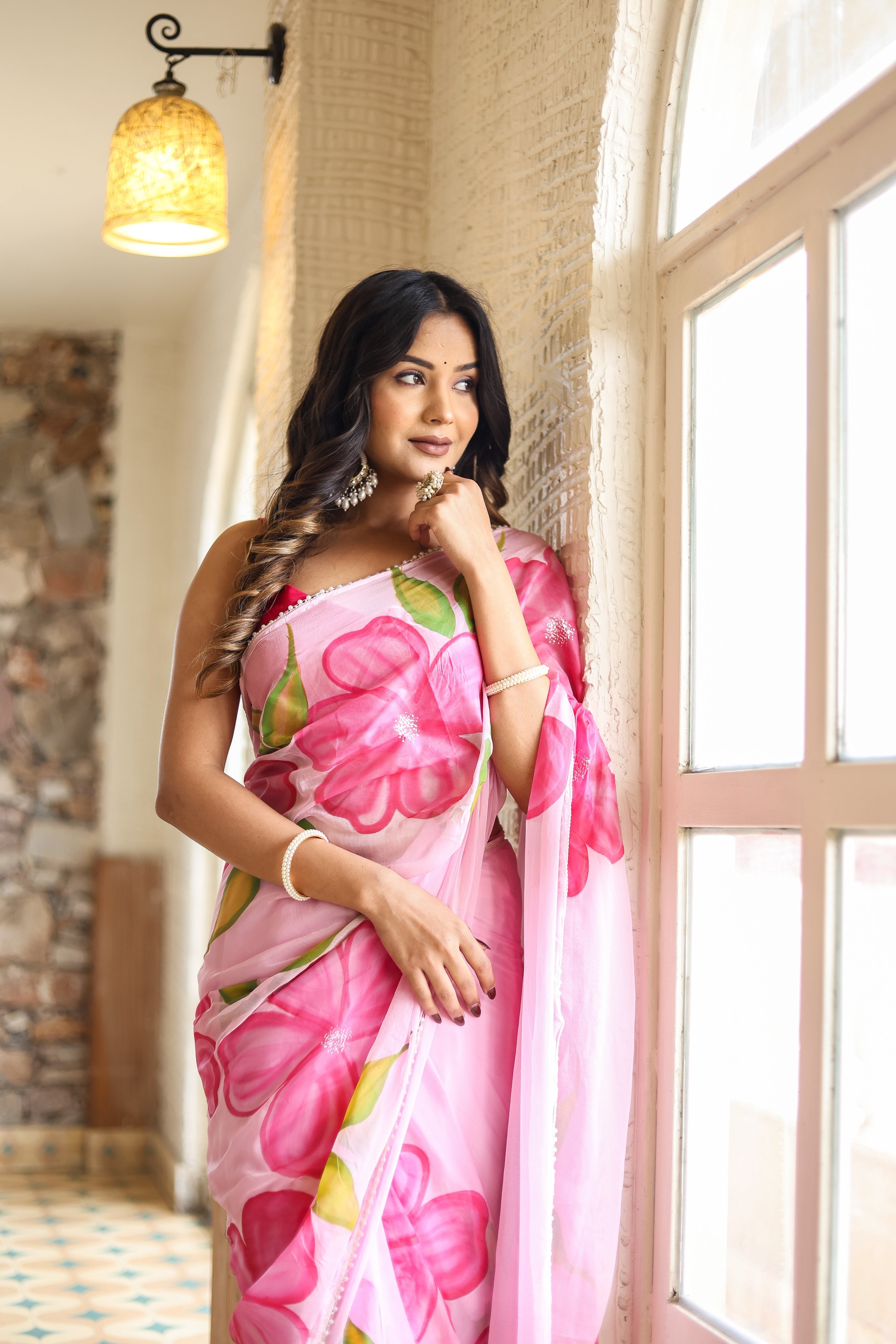 Petal Glow (Handpainted Pink Chiffon Saree)