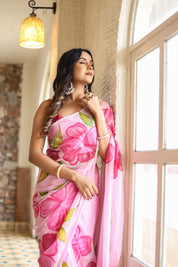 Petal Glow (Handpainted Pink Chiffon Saree)