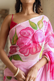 Petal Glow (Handpainted Pink Chiffon Saree)