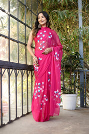 Cherry Glow (Handpainted Chiffon Saree)