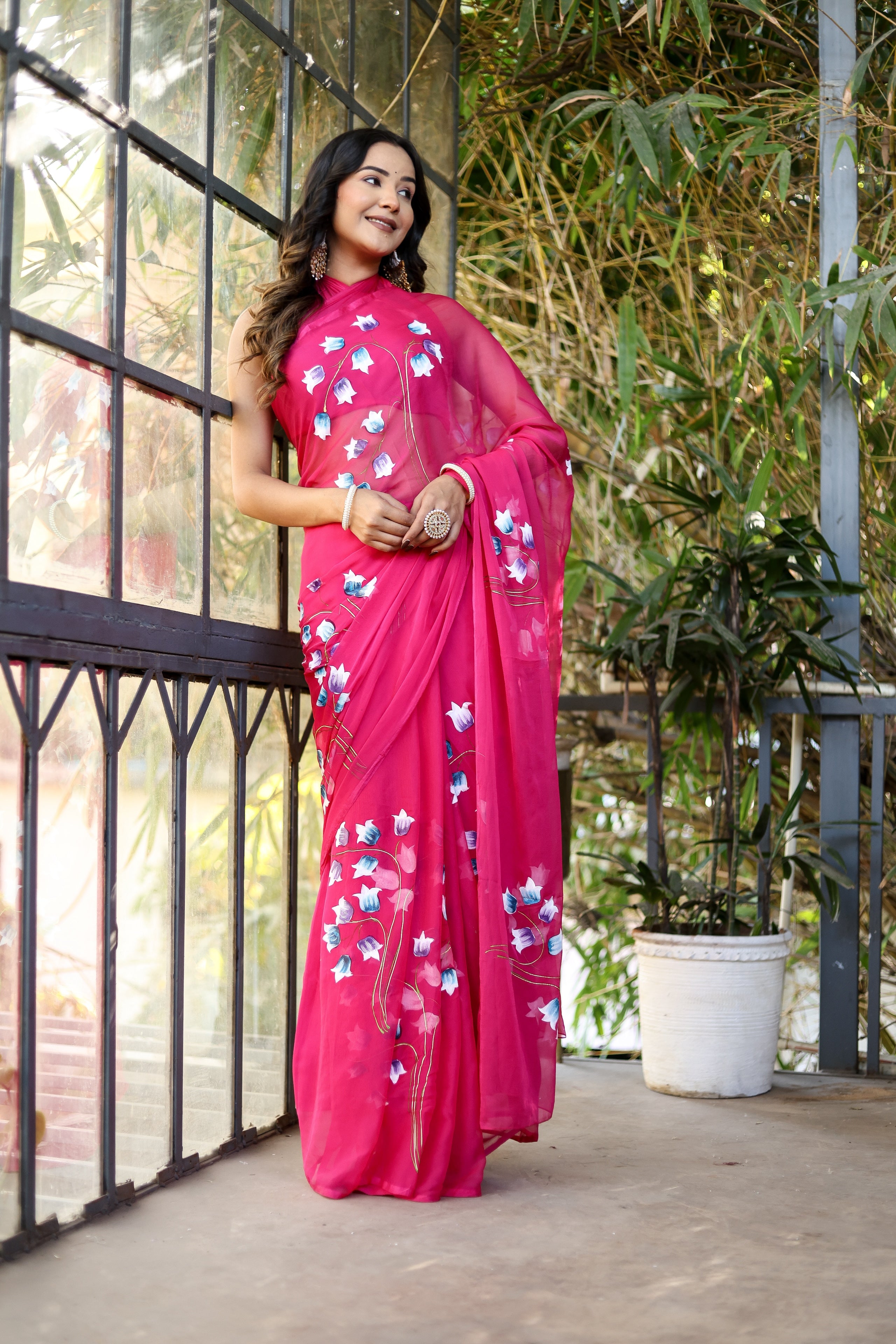 Cherry Glow (Handpainted Chiffon Saree)