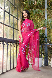 Cherry Glow (Handpainted Chiffon Saree)