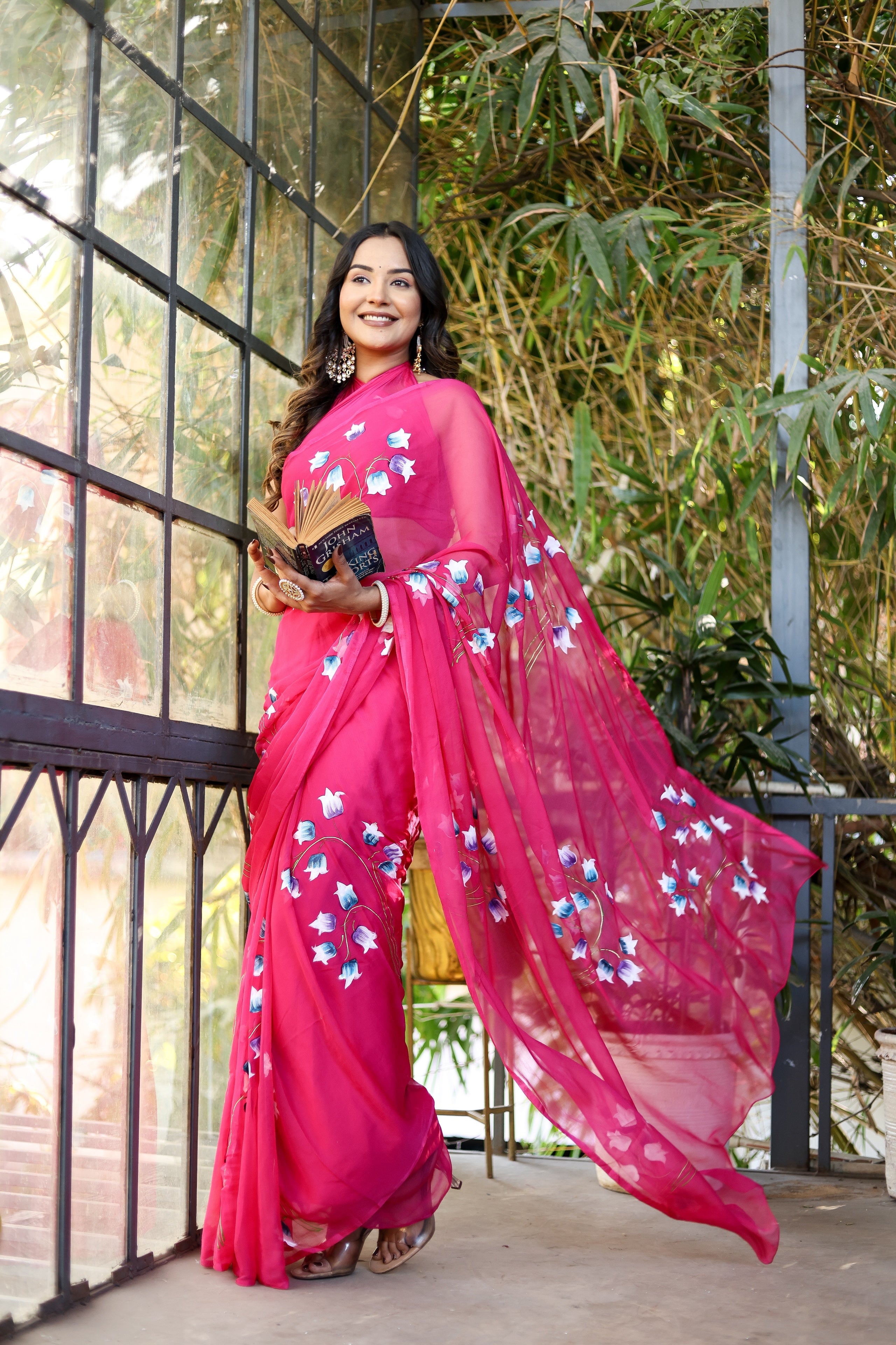 Cherry Glow (Handpainted Chiffon Saree)