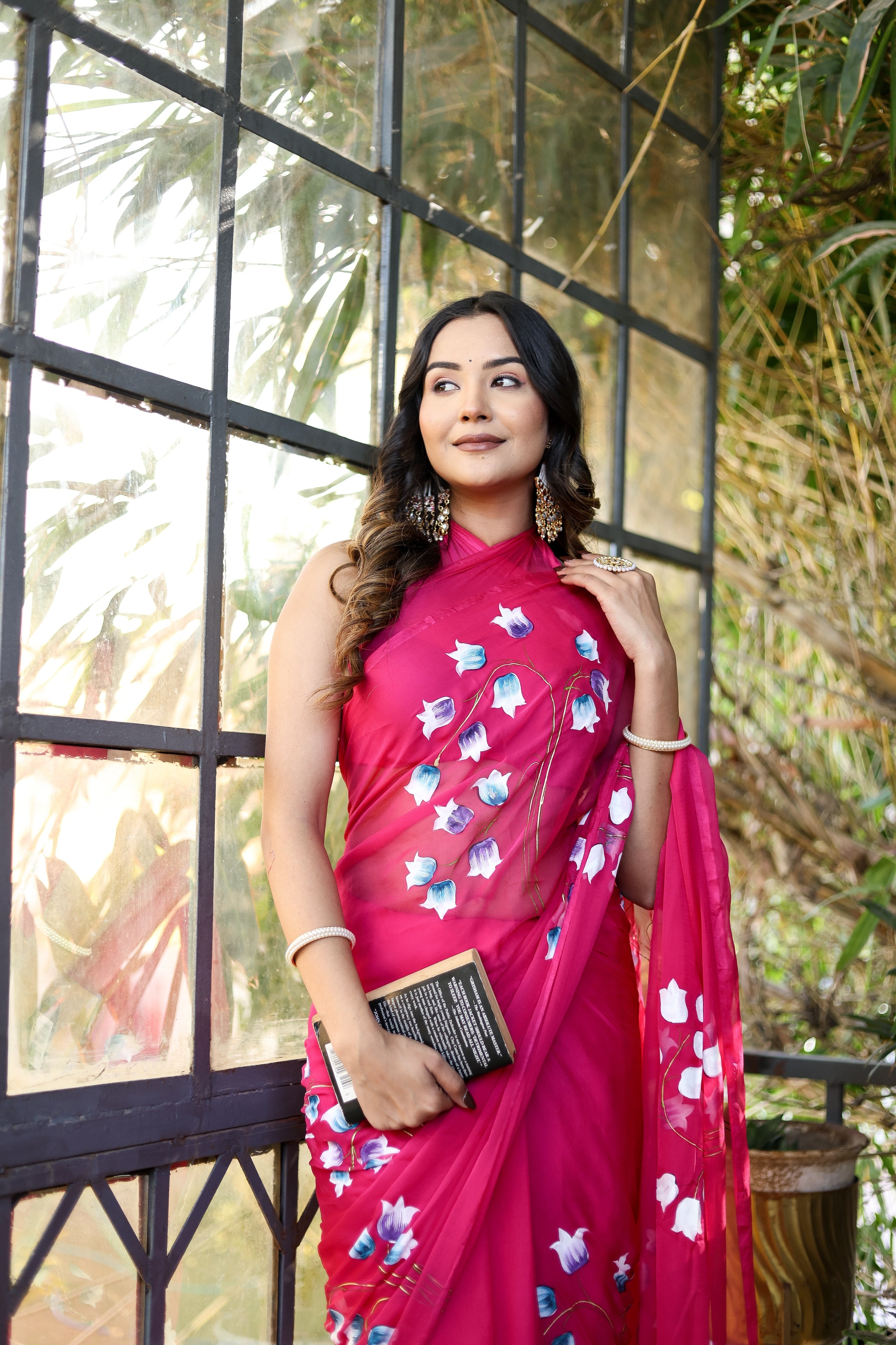 Cherry Glow (Handpainted Chiffon Saree)