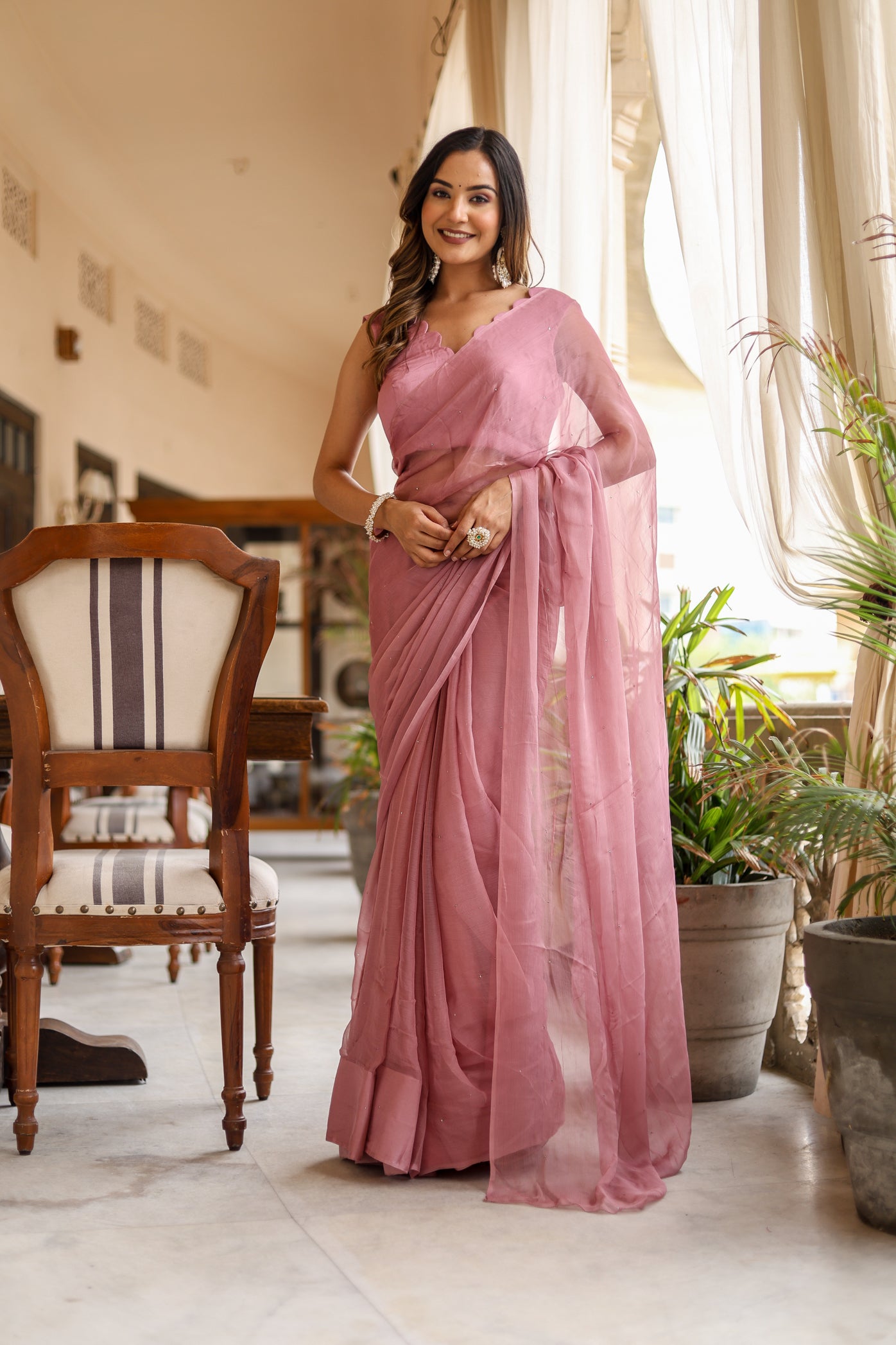 Shimmering Rose (Mukaish Work Chiffon Saree)