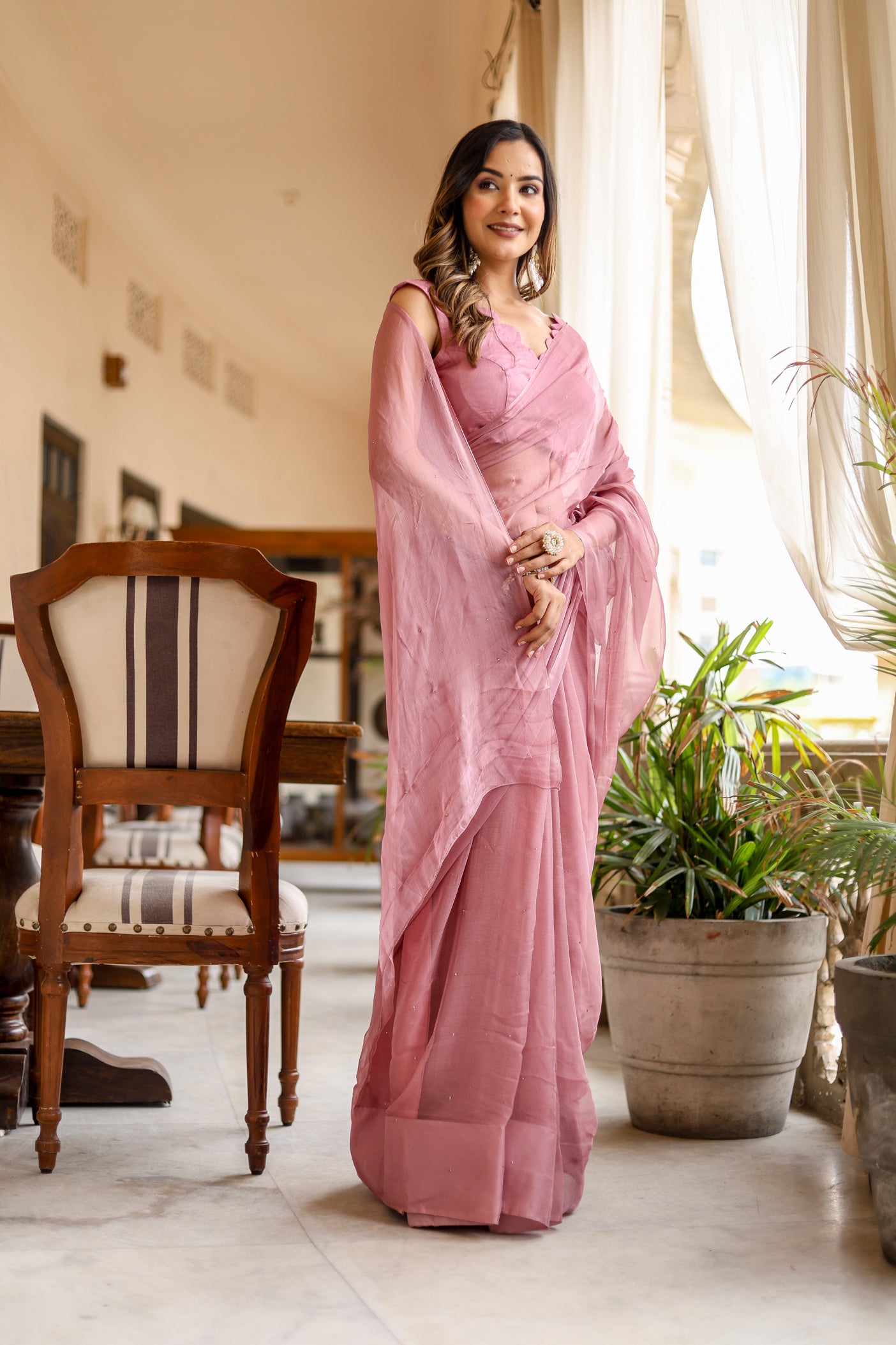 Shimmering Rose (Mukaish Work Chiffon Saree)