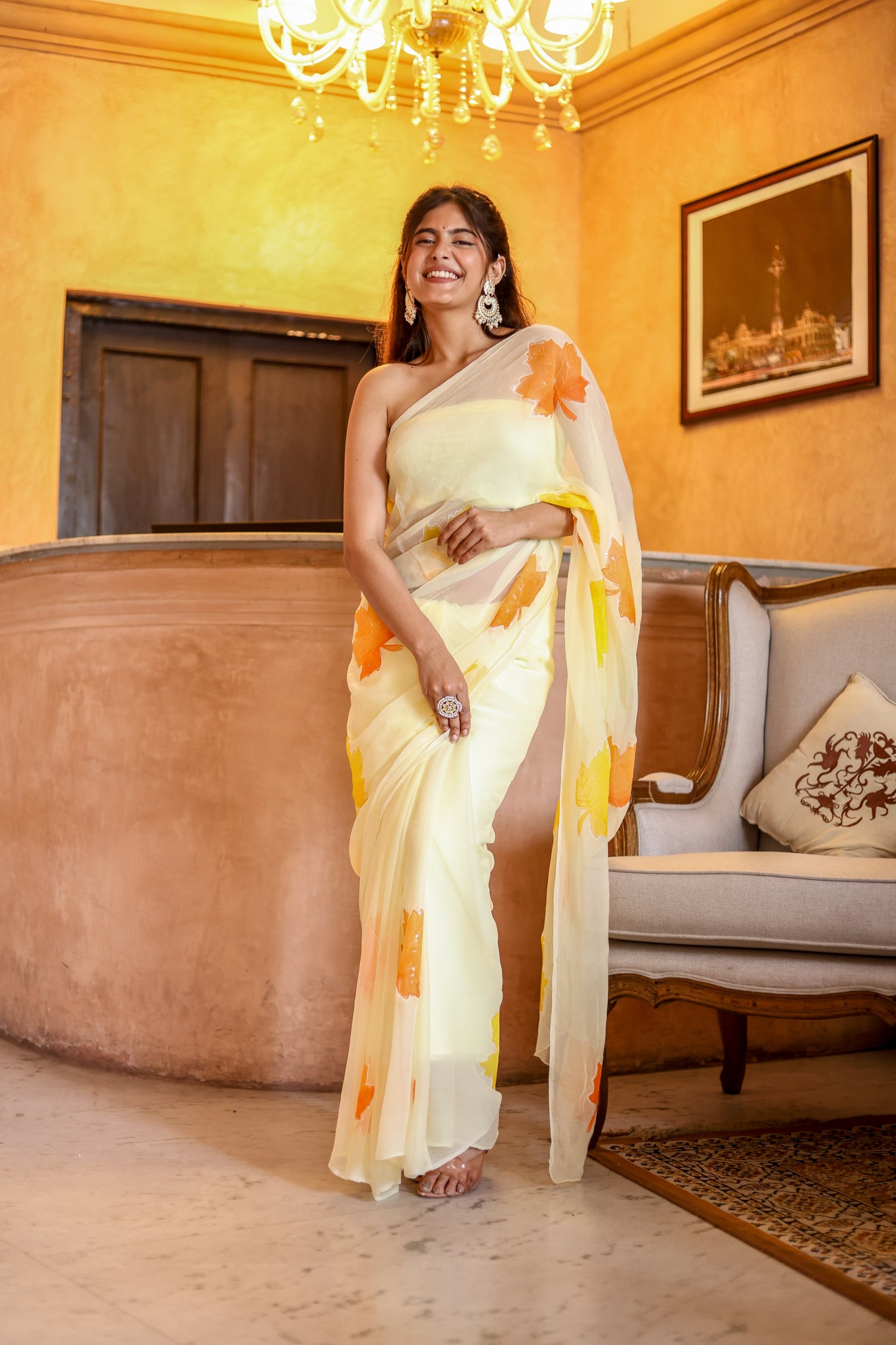 Sunlit Maple (Embroidered & Handpainted Chiffon Saree)