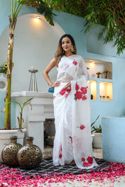 Snowdrop Whisper (Organza Ivory Handpainted Saree)