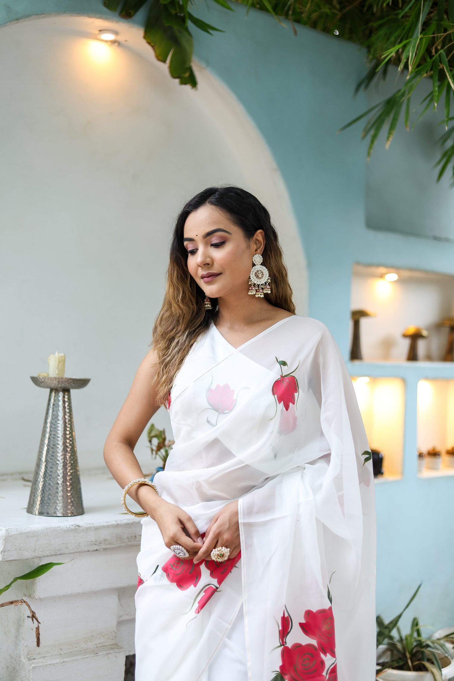 Snowdrop Whisper (Organza Ivory Handpainted Saree)
