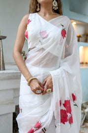 Snowdrop Whisper (Organza Ivory Handpainted Saree)