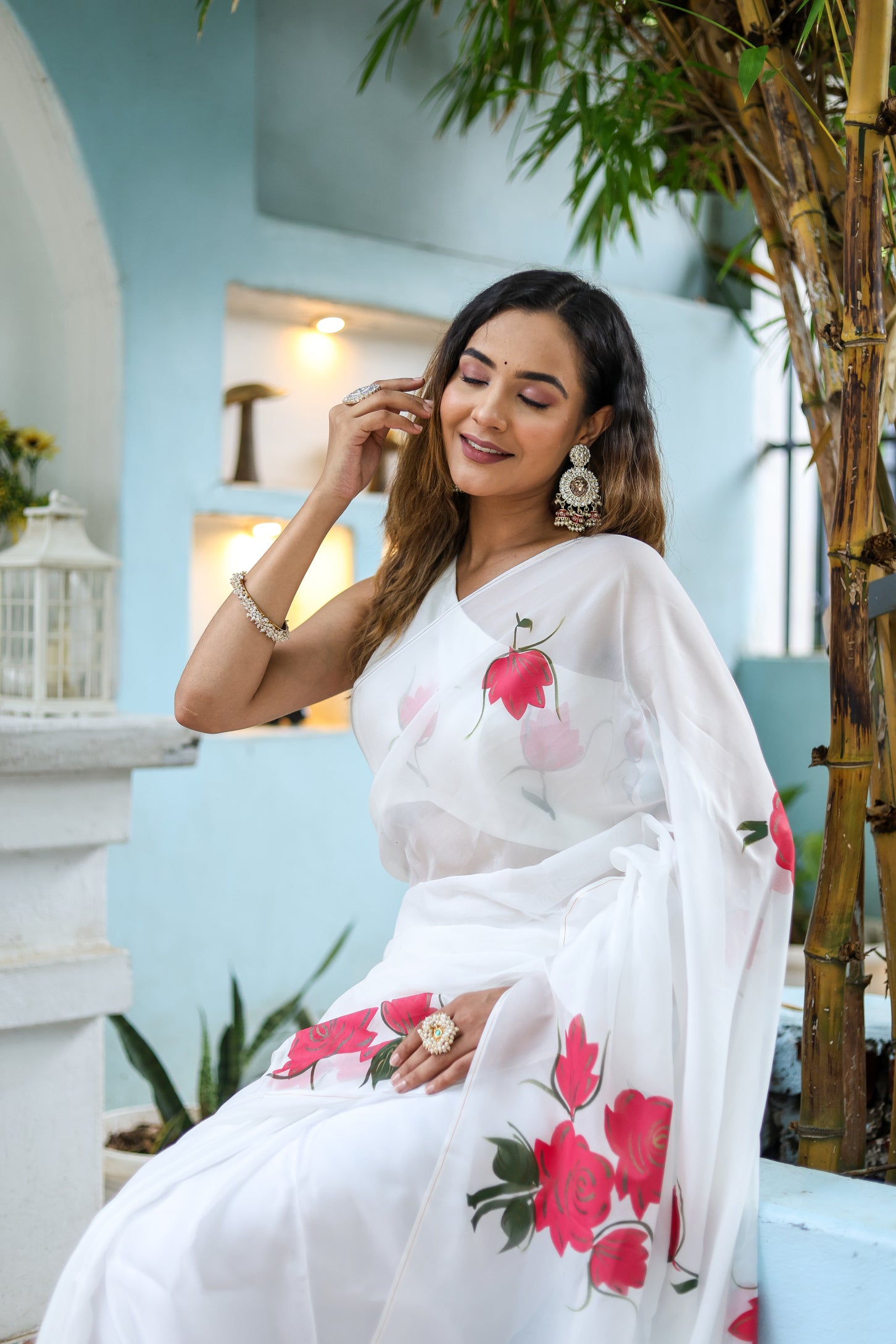 Snowdrop Whisper (Organza Ivory Handpainted Saree)