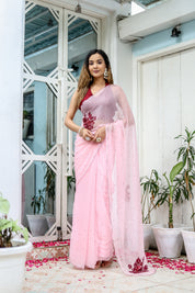 Pink Peony (Hand Embroidered Chiffon Saree)