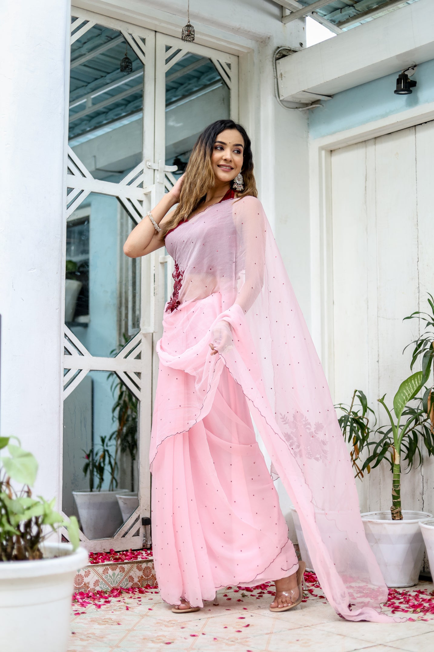 Pink Peony (Hand Embroidered Chiffon Saree)