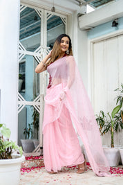 Pink Peony (Hand Embroidered Chiffon Saree)