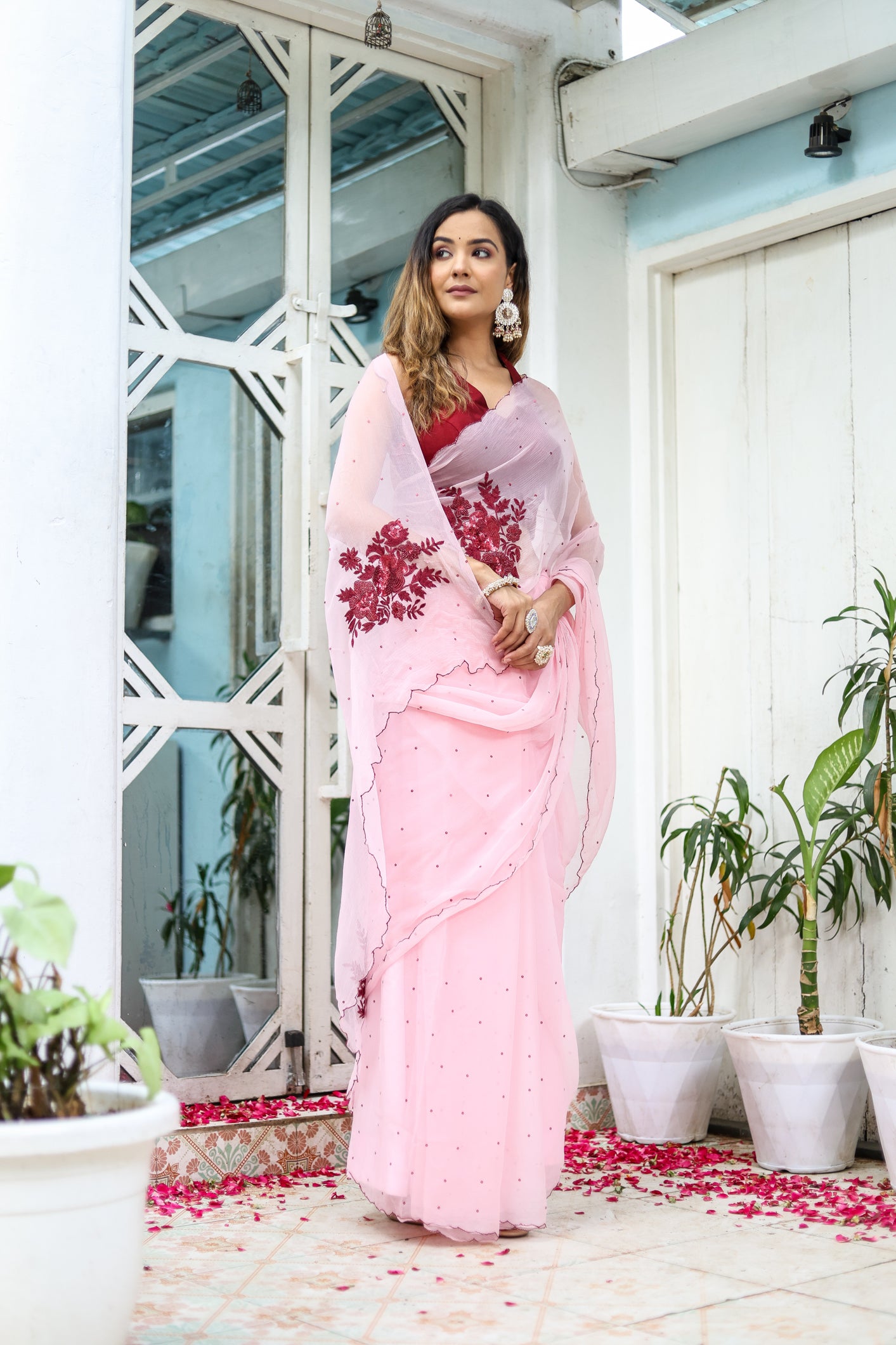 Pink Peony (Hand Embroidered Chiffon Saree)