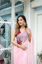 Pink Peony (Hand Embroidered Chiffon Saree)