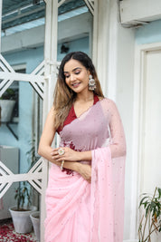 Pink Peony (Hand Embroidered Chiffon Saree)