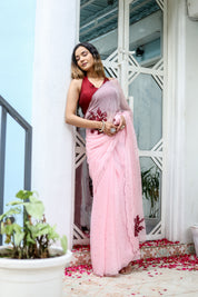 Pink Peony (Hand Embroidered Chiffon Saree)