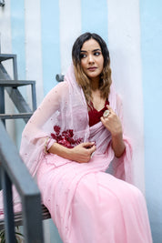 Pink Peony (Hand Embroidered Chiffon Saree)