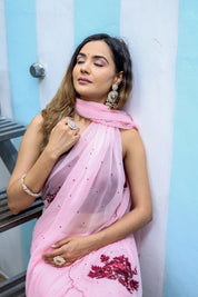 Pink Peony (Hand Embroidered Chiffon Saree)