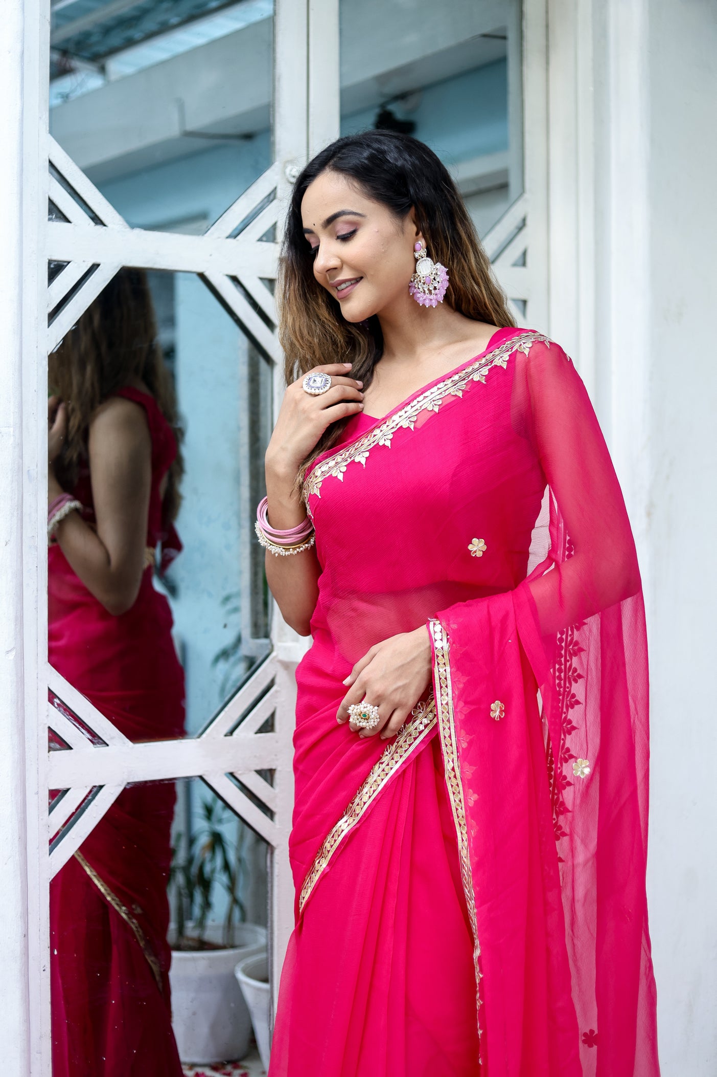 Regal Rose (Rani Chiffon Gotawork Saree)