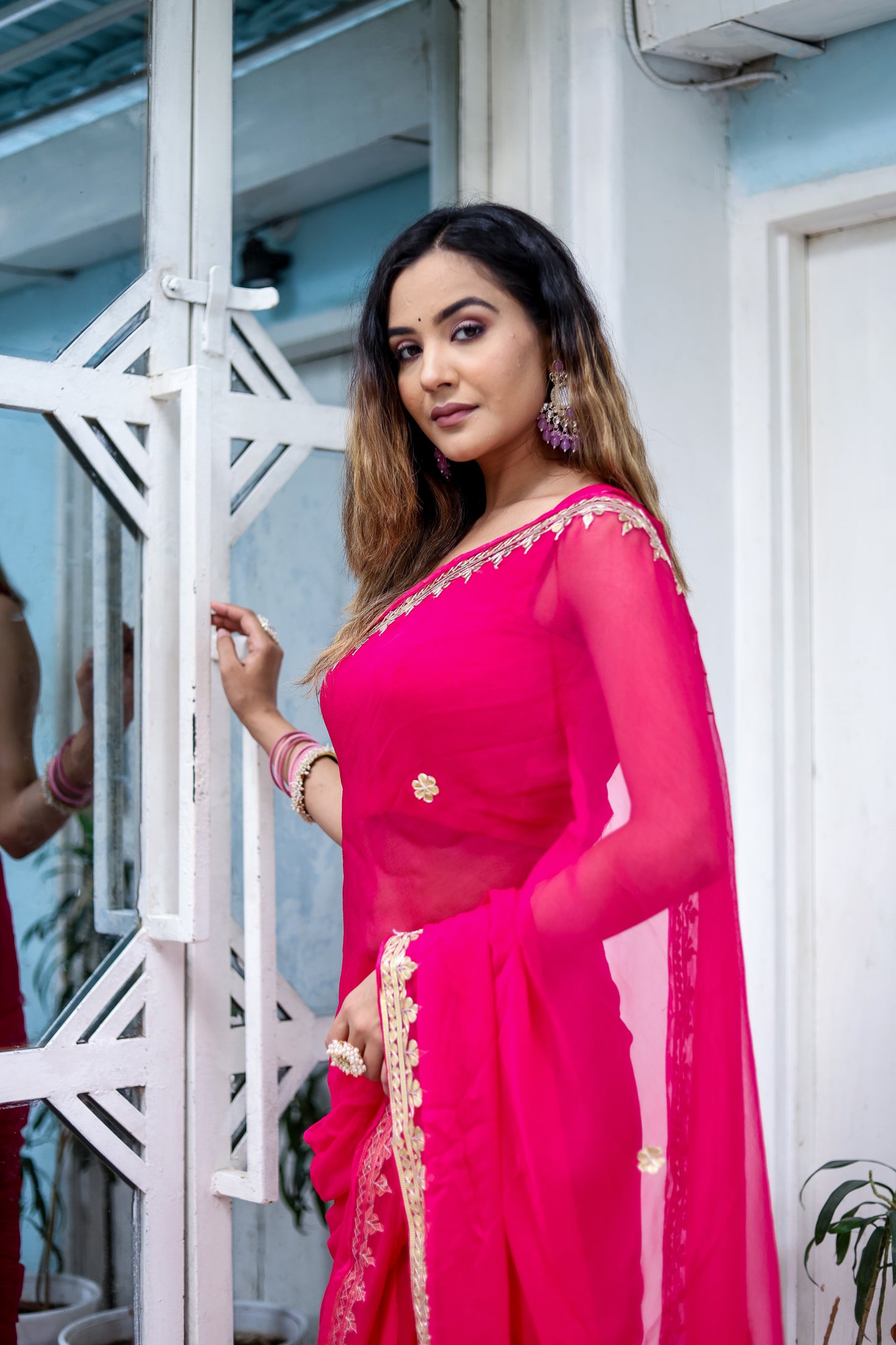 Regal Rose (Rani Chiffon Gotawork Saree)