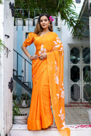 Saffron Sunset  (Handpainted Chiffon Saree - Orange)