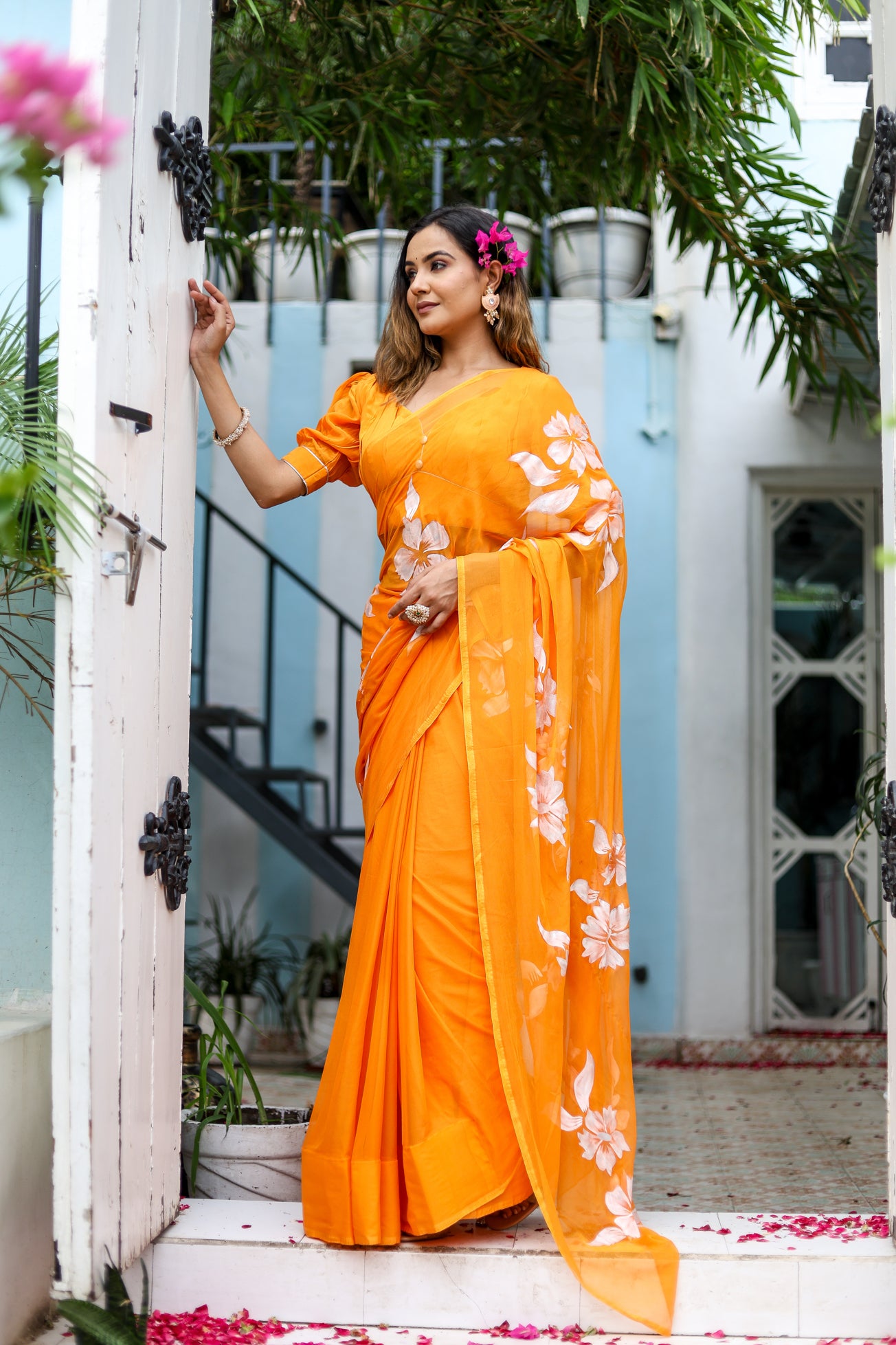 Saffron Sunset  (Handpainted Chiffon Saree - Orange)
