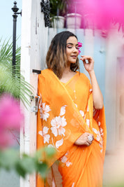 Saffron Sunset  (Handpainted Chiffon Saree - Orange)