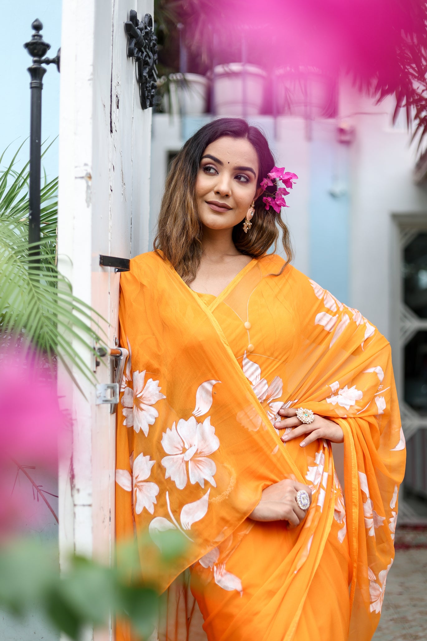 Saffron Sunset  (Handpainted Chiffon Saree - Orange)