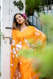 Saffron Sunset  (Handpainted Chiffon Saree - Orange)