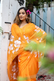 Saffron Sunset  (Handpainted Chiffon Saree - Orange)