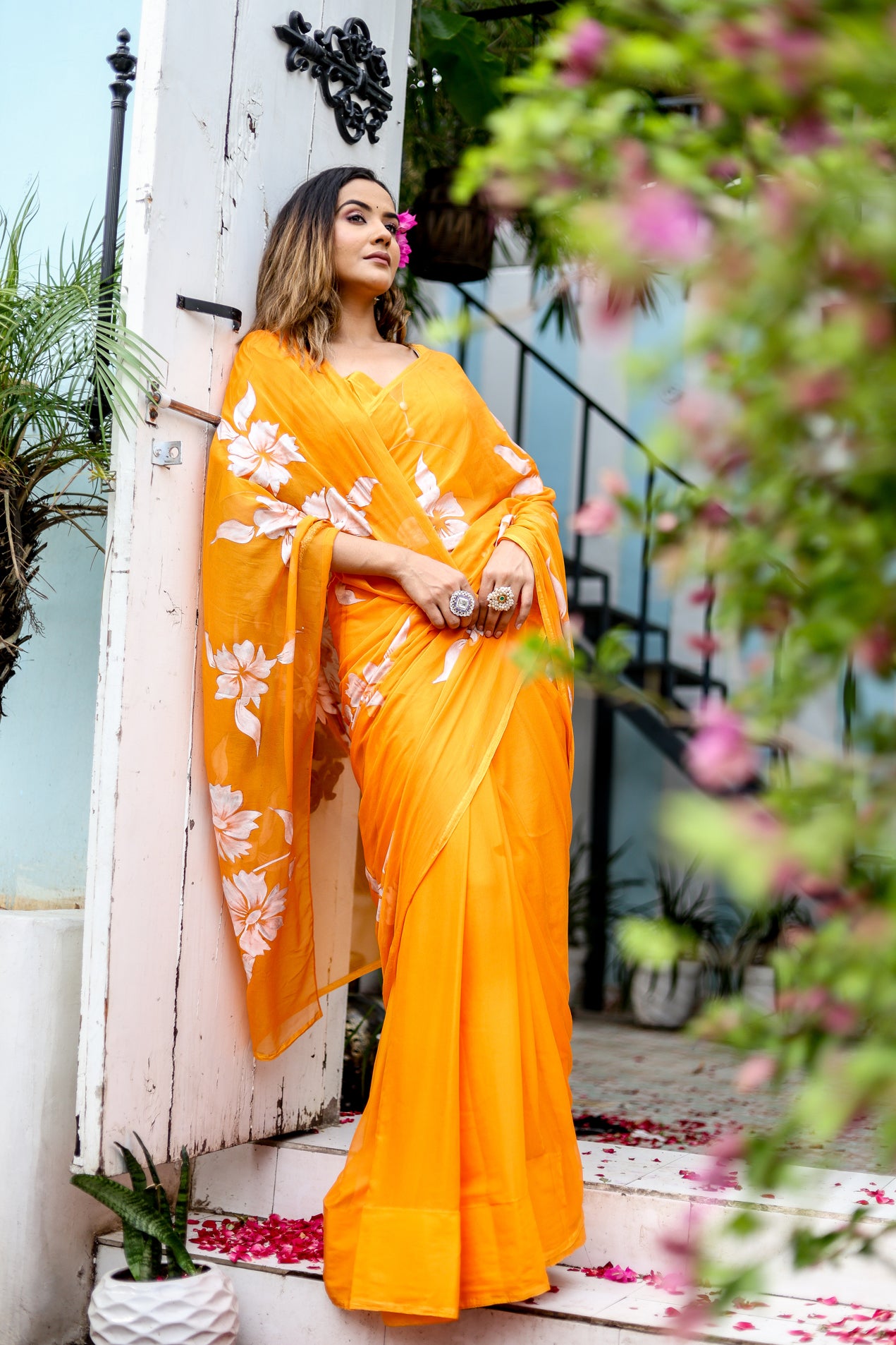 Saffron Sunset  (Handpainted Chiffon Saree - Orange)