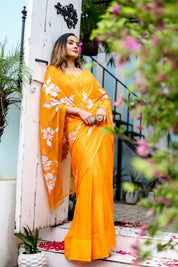 Saffron Sunset  (Handpainted Chiffon Saree - Orange)