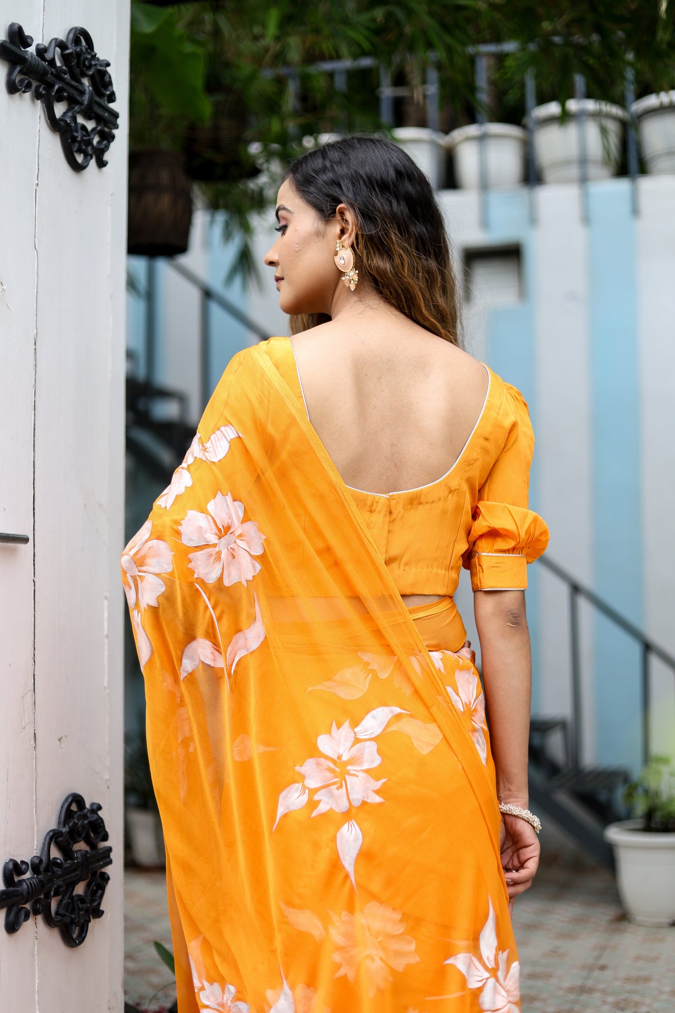 Saffron Sunset  (Handpainted Chiffon Saree - Orange)