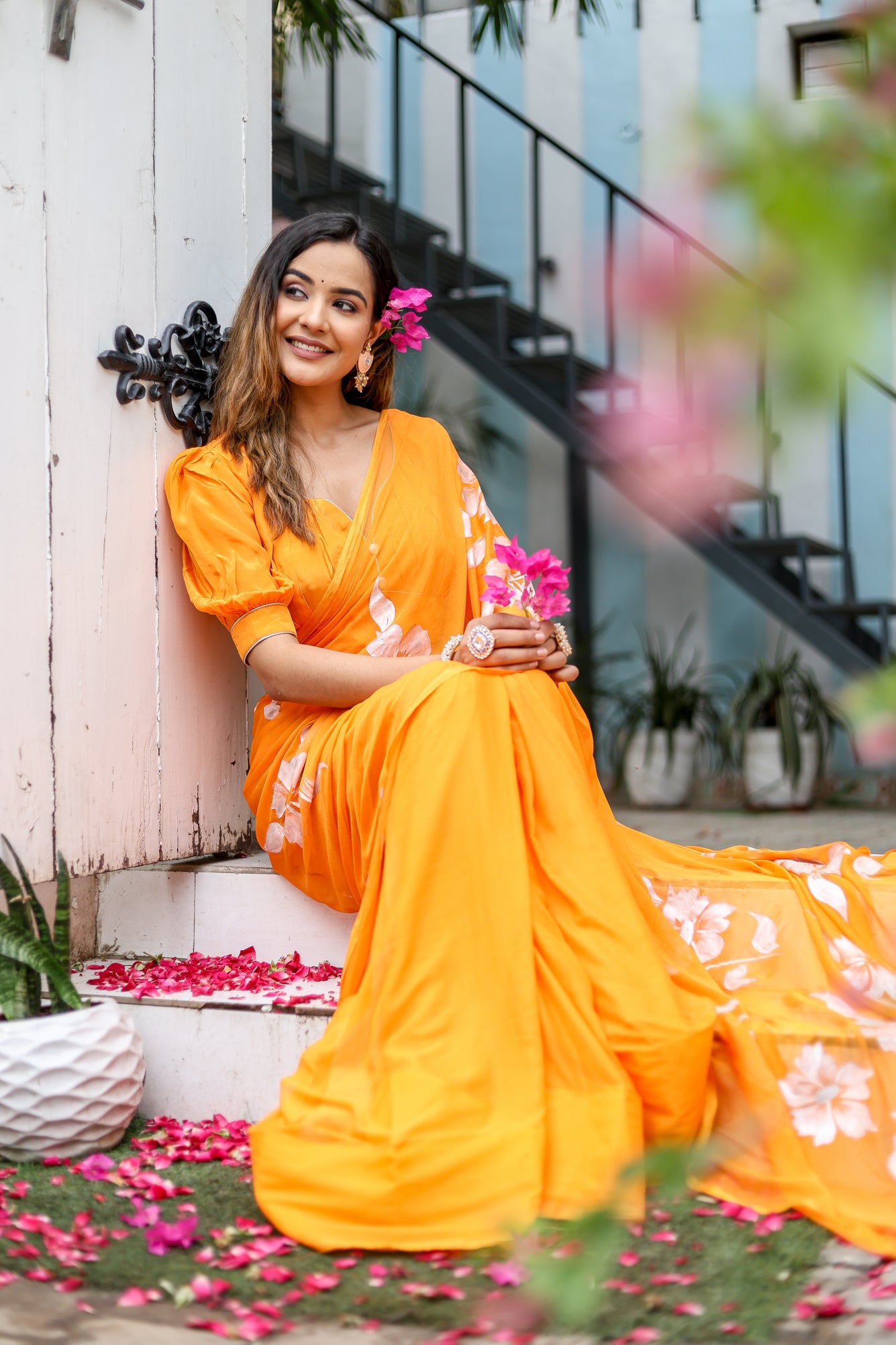 Saffron Sunset  (Handpainted Chiffon Saree - Orange)