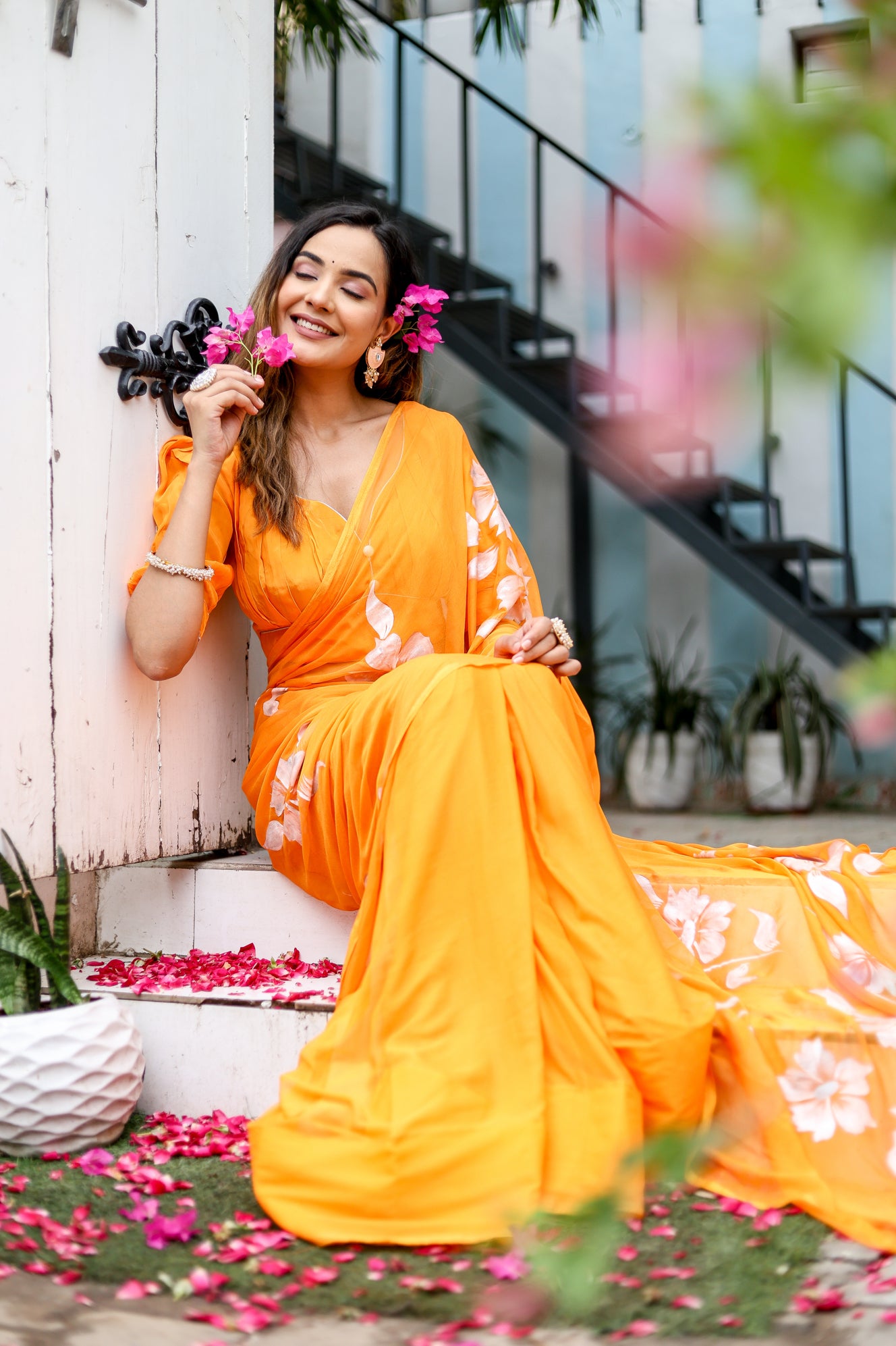 Saffron Sunset  (Handpainted Chiffon Saree - Orange)