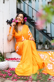 Saffron Sunset  (Handpainted Chiffon Saree - Orange)