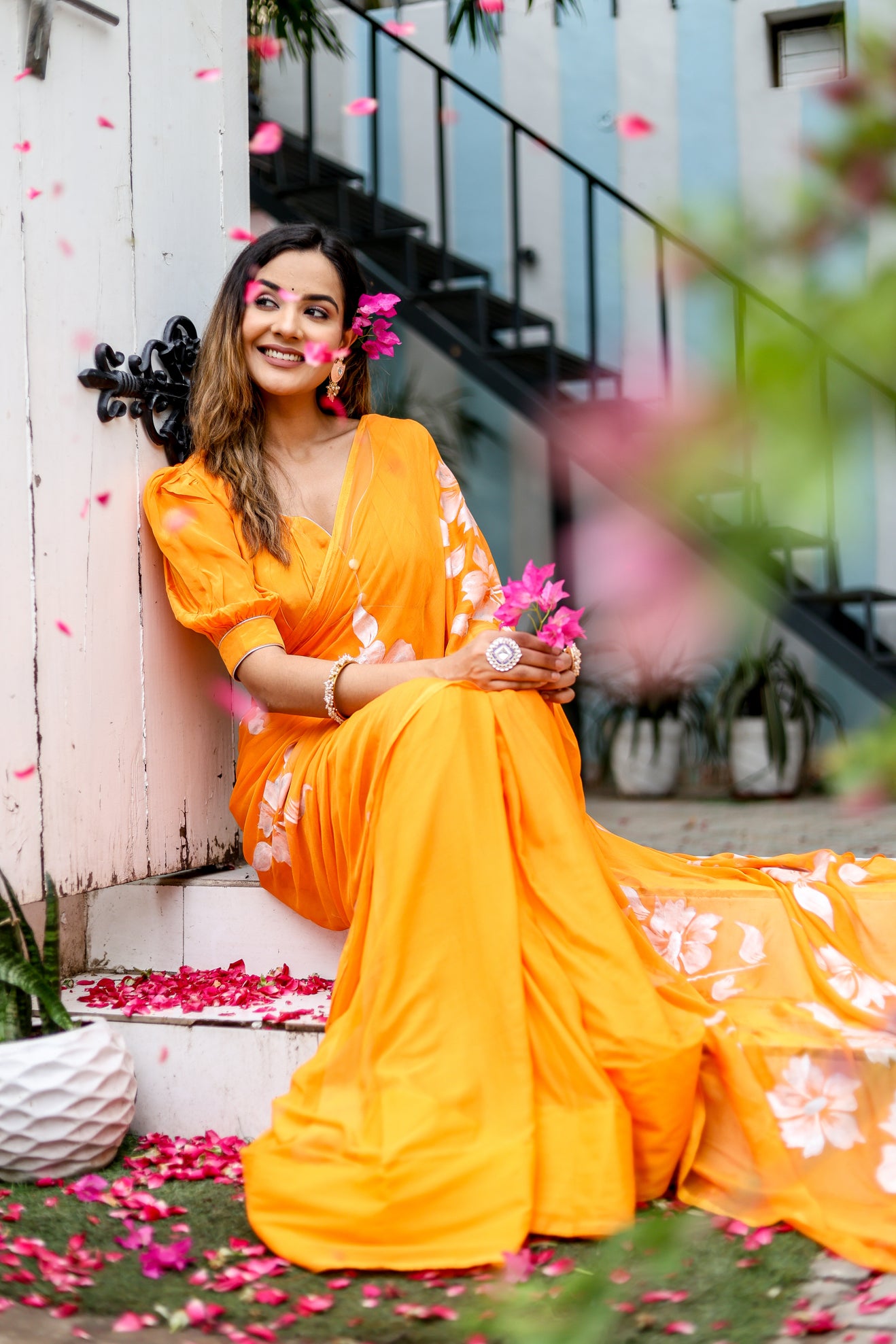 Saffron Sunset  (Handpainted Chiffon Saree - Orange)