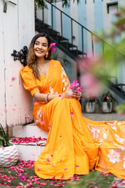 Saffron Sunset  (Handpainted Chiffon Saree - Orange)